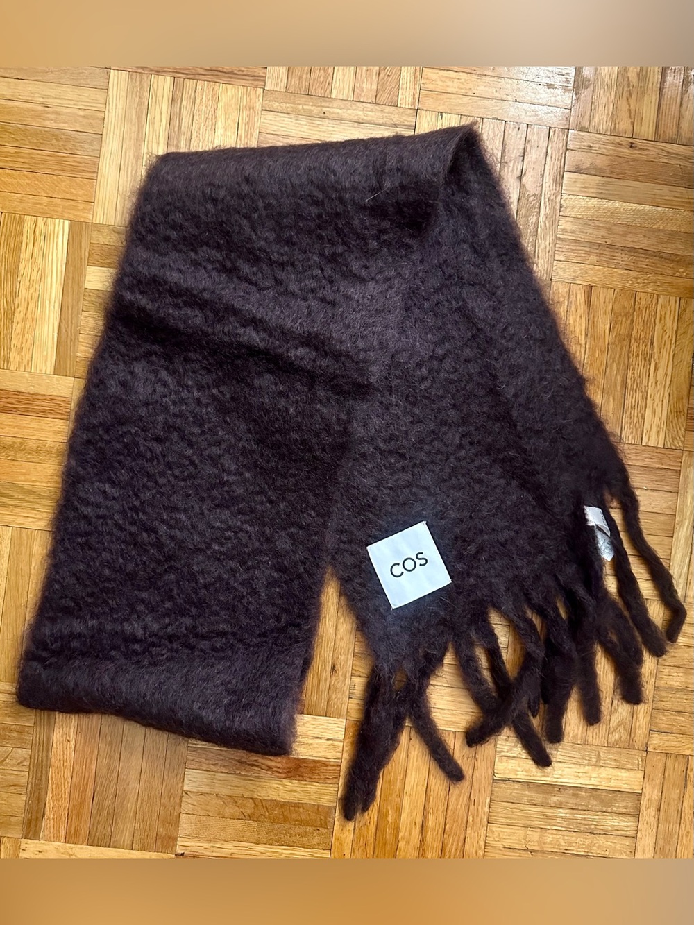 COS mohair wool fringed brushed scarf burgundy deep plum chunky oversized fuzzy - Picture 8 of 14